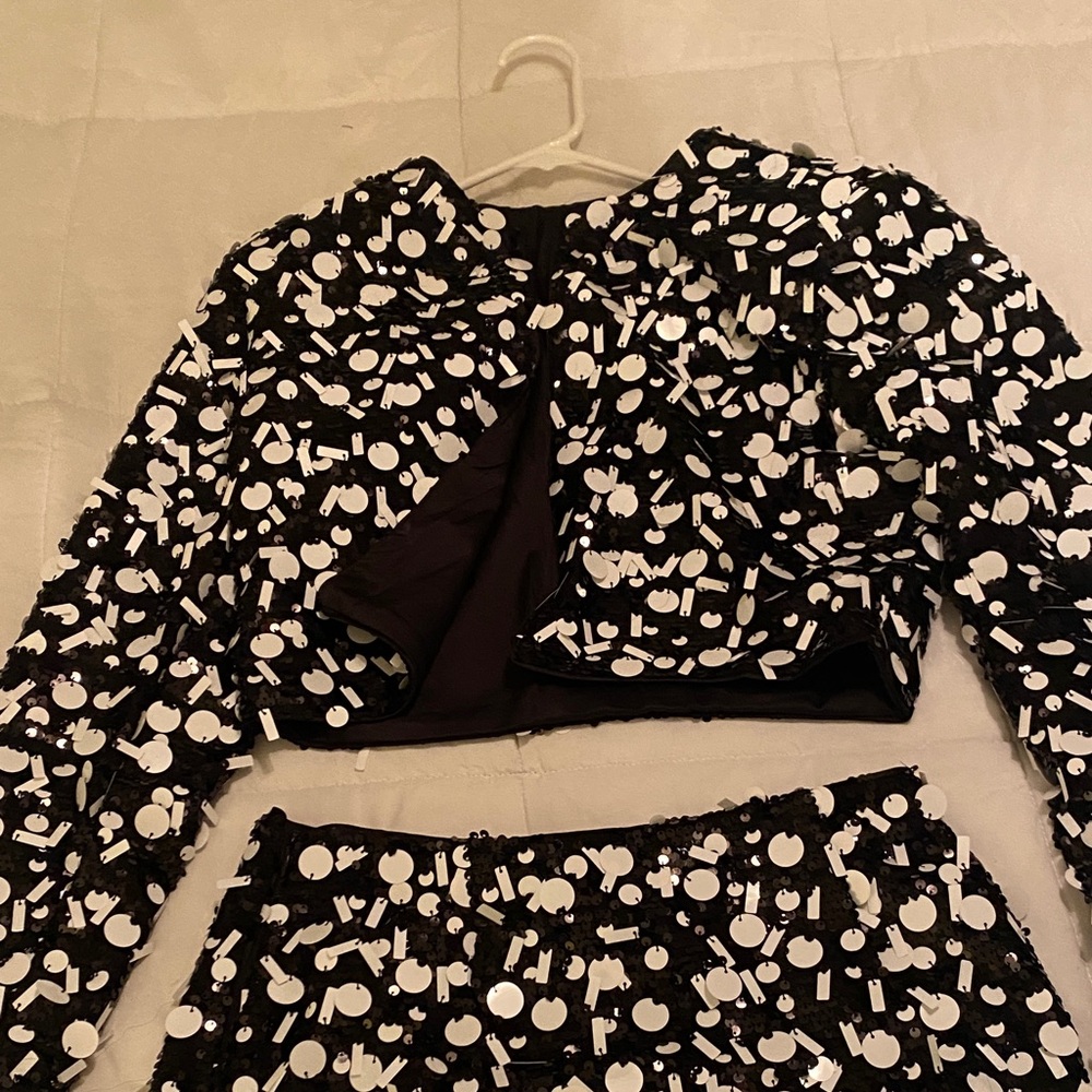 Black and White Sequin Crop Top and Skirt Set